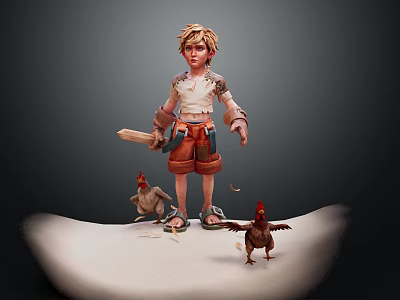 Game Movie Character Blonde Boy In White Shirt Brown Shorts Holding Wooden Mallet With Chickens 3d model