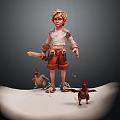 Game Movie Character Blonde Boy In White Shirt Brown Shorts Holding Wooden Mallet With Chickens