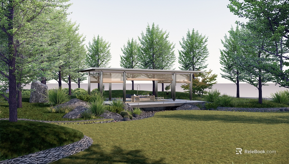 Scenic Park Landscape With Green Trees Covered Pavilion Grass Lawn And Stone Decorations 3d model 