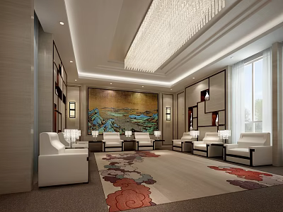 Modern Luxury Hotel Public Lounge With White Sofas Art Mural And Chandelier 3d model