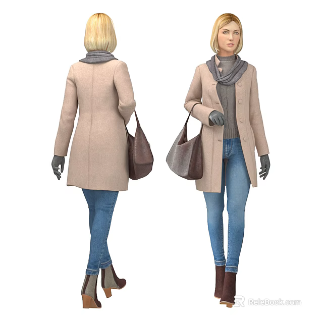 Woman Wearing Beige Coat Gray Scarf Jeans With Brown Handbag And Gray Gloves 3d model 