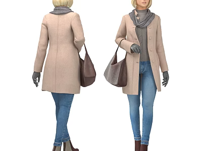 Woman Wearing Beige Coat Gray Scarf Jeans With Brown Handbag And Gray Gloves 3d model