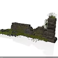 Modern Outdoor Landscape With Broken Wall Stones Weeds And Green Plants