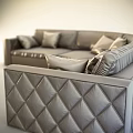 Modern Gray Leather Irregular Shaped Sofa With Quilted Pillows And Details