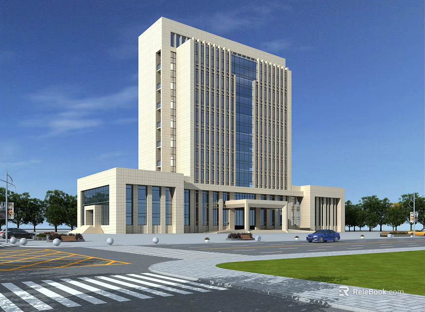 Modern Office Building with Glass Curtain Wall Exterior and Landscaped Area in Urban Setting 3d model 