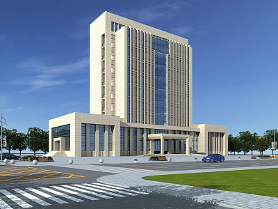Modern Office Building with Glass Curtain Wall Exterior and Landscaped Area in Urban Setting 3d model