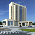 Modern Office Building with Glass Curtain Wall Exterior and Landscaped Area in Urban Setting