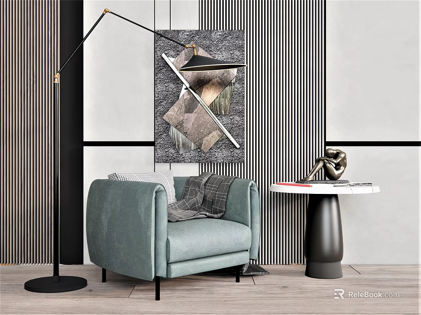 Modern Light Blue Single Sofa With Striped Wallpaper Floor Lamp Side Table And Artwork 3d model