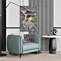 Modern Light Blue Single Sofa With Striped Wallpaper Floor Lamp Side Table And Artwork 3d model