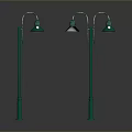 Green Street Lamps With Curved Arms And Green Shades On Lamp Posts