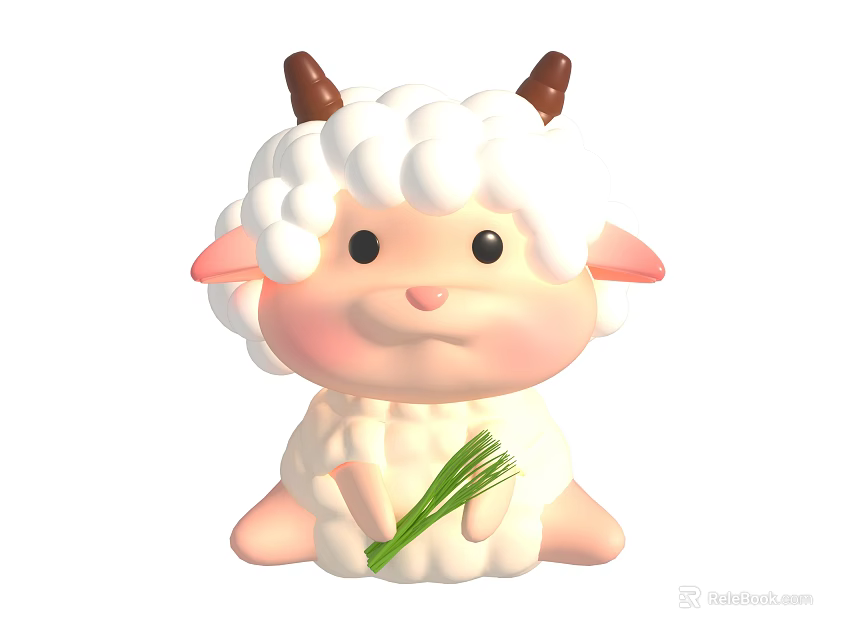 Cute Cartoon Sheep With White Curly Wool Brown Horns And Green Grass 3d model 