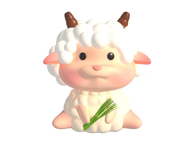 Cute Cartoon Sheep With White Curly Wool Brown Horns And Green Grass 3d model