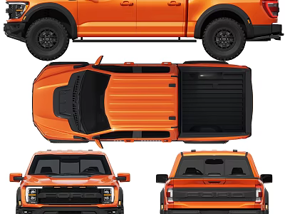 Orange Pickup Truck Showcased In Multiple Views 3d model