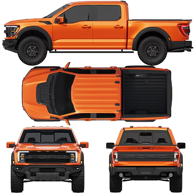Orange Pickup Truck Showcased In Multiple Views 3d model