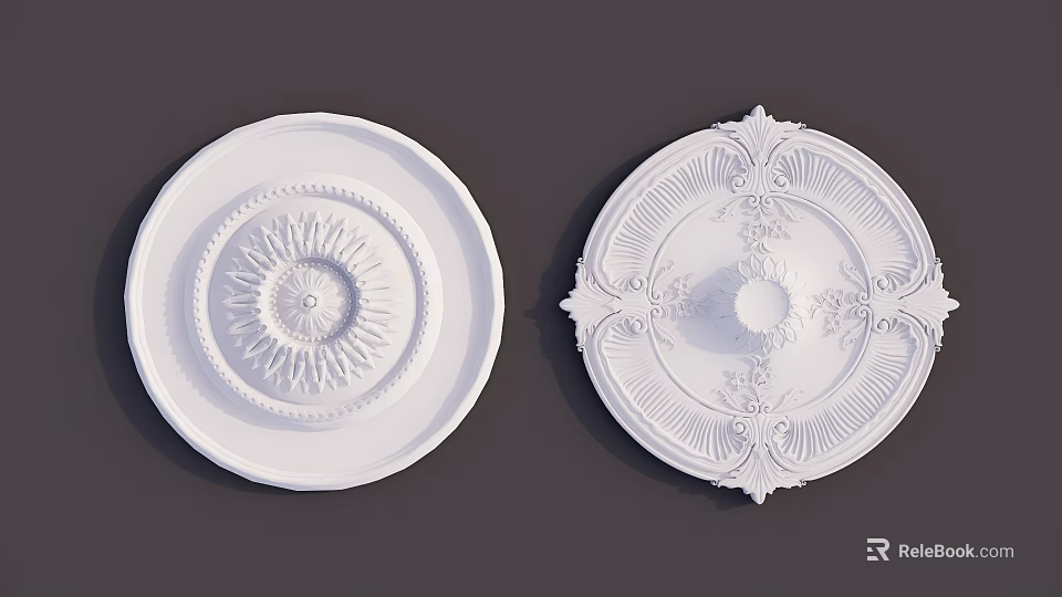 White Ceiling Light Medallions with Simple Radiant Patterns and Ornate Intricate Embossed Designs 3d model 