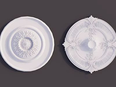 White Ceiling Light Medallions with Simple Radiant Patterns and Ornate Intricate Embossed Designs 3d model