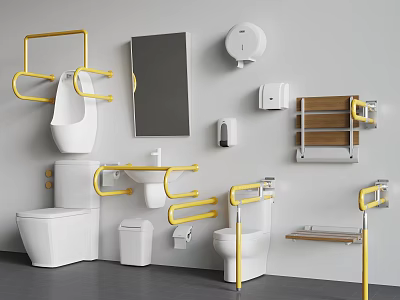 Accessible Toilet with Yellow Grab Bars Mirror Toilet Paper Holder Sink and Trash Can 3d model