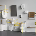 Accessible Toilet with Yellow Grab Bars Mirror Toilet Paper Holder Sink and Trash Can