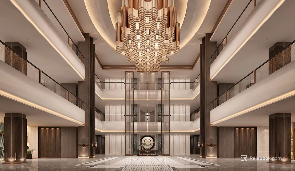 Luxurious Hotel Lobby With Grand Chandelier Multi Level Design Elevators And Marble Flooring 3d model 