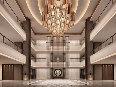 Luxurious Hotel Lobby With Grand Chandelier Multi Level Design Elevators And Marble Flooring 3d model