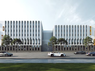 Modern Industrial Plant Exterior Design With Two Buildings Large Windows Trees Along Road And Cars 3d model