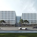 Modern Industrial Plant Exterior Design With Two Buildings Large Windows Trees Along Road And Cars