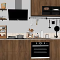 Modern Wooden Kitchen Interior With Hanging Pots Countertop Oven And Spices On Shelves