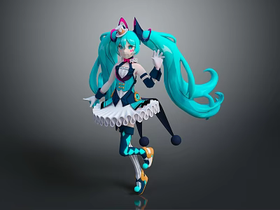 Anime Game Character With Turquoise Long Hair And Cat Ear Headband In Waving Pose 3d model