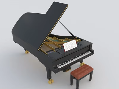 Black Grand Piano with Open Lid Music Sheet and Leather Piano Bench 3d model