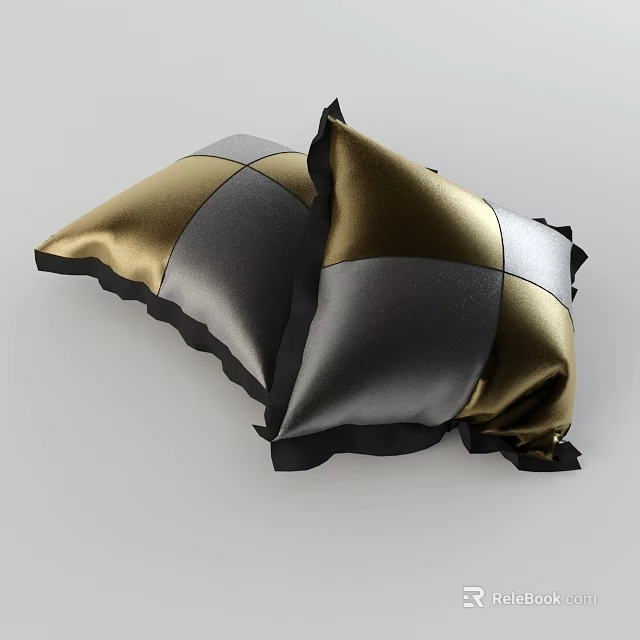 Two Gold Gray Checkered Pillows With Black Trim For Home Decoration 3d model 