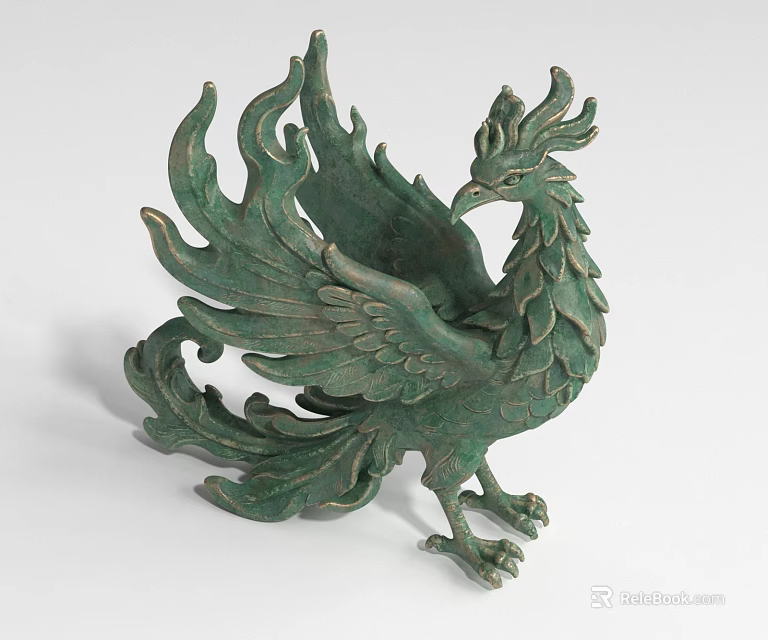 Green Phoenix Landscape Sculpture With Spread Wings And Intricate Feather Details 3d model 