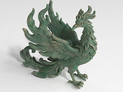 Green Phoenix Landscape Sculpture With Spread Wings And Intricate Feather Details 3d model