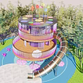 Colorful Multi Level Playground Equipment With Spiral Slide And Surrounding Trees