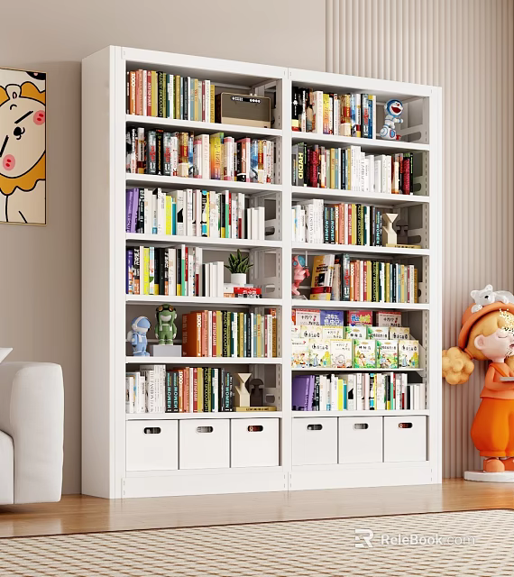 White Multi Shelf Bookcase With Books Decorative Items Plants And Storage Drawers 3d model 
