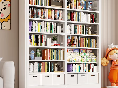 White Multi Shelf Bookcase With Books Decorative Items Plants And Storage Drawers 3d model