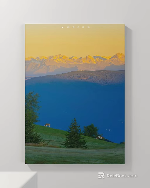 Scenic Landscape With Golden Mountains Blue Lake Green Meadow Trees And Cows Under Sunset 3d model 