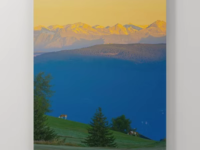 Scenic Landscape With Golden Mountains Blue Lake Green Meadow Trees And Cows Under Sunset 3d model