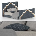 Double Bed With Blue Patterned Headboard And Cozy Pillows In Modern Style 3d model