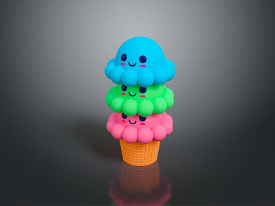 Colorful Stacked Ice Cream Scoops With Smiling Faces In Orange Waffle Cone 3d model