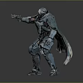 Sci Fi Character In Metallic Armor Holding Gun With Tattered Cloak And Battle Stance