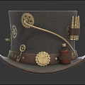 Steampunk Style Dark Leather Hat With Gears Bullets Vial And Metal Badge