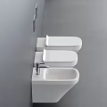 Modern White Wall Mounted Toilet With Bidet And Gray Wall Square Panels