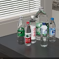 Various Brands of Bottled Water on Table by Window with Transparent Bottles and Colorful Labels