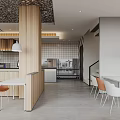 Modern Restaurant Interior Design With Wooden Counter White Tables Orange Chairs And Pendant Lights