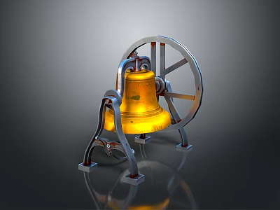 Elegant Yellow Vintage Bell With Metal Wheel And Stand Structure 3d model