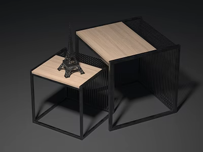 Modern Office Desk Set With Light Wood Top Black Metal Frame And Eiffel Tower Decor 3d model