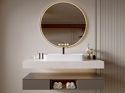 Modern Bathroom Cabinet with Round Backlit Mirror White Countertop Under Mount Sink Drawer and Toiletries 3d model