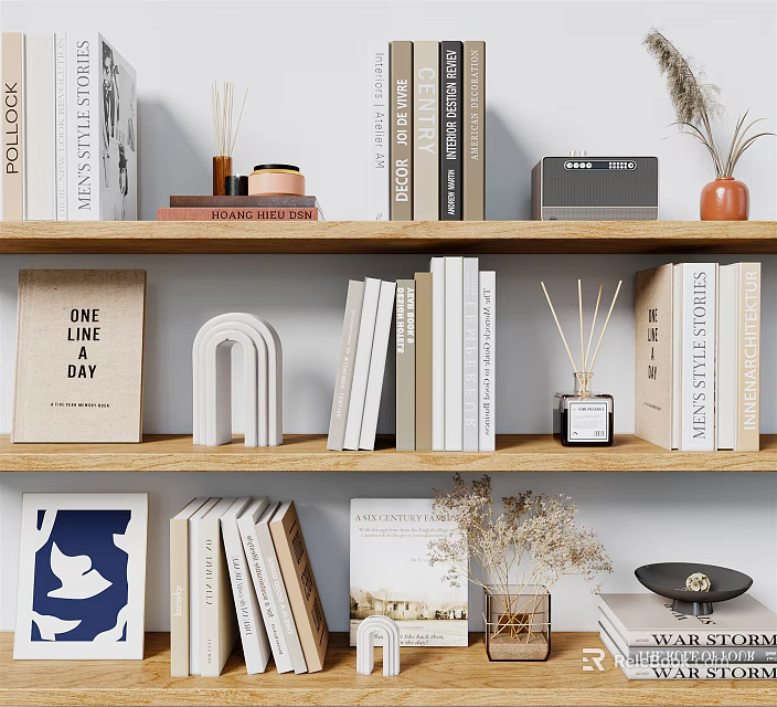 Stylish Decorative Ornament Combinations with Books Art Prints and Dried Flowers on Wooden Shelves 3d model 