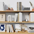 Stylish Decorative Ornament Combinations with Books Art Prints and Dried Flowers on Wooden Shelves