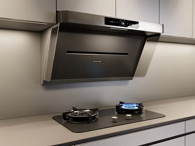 Modern Kitchen Appliances Featuring Stainless Steel Range Hood And Gas Stove On Countertop 3d model